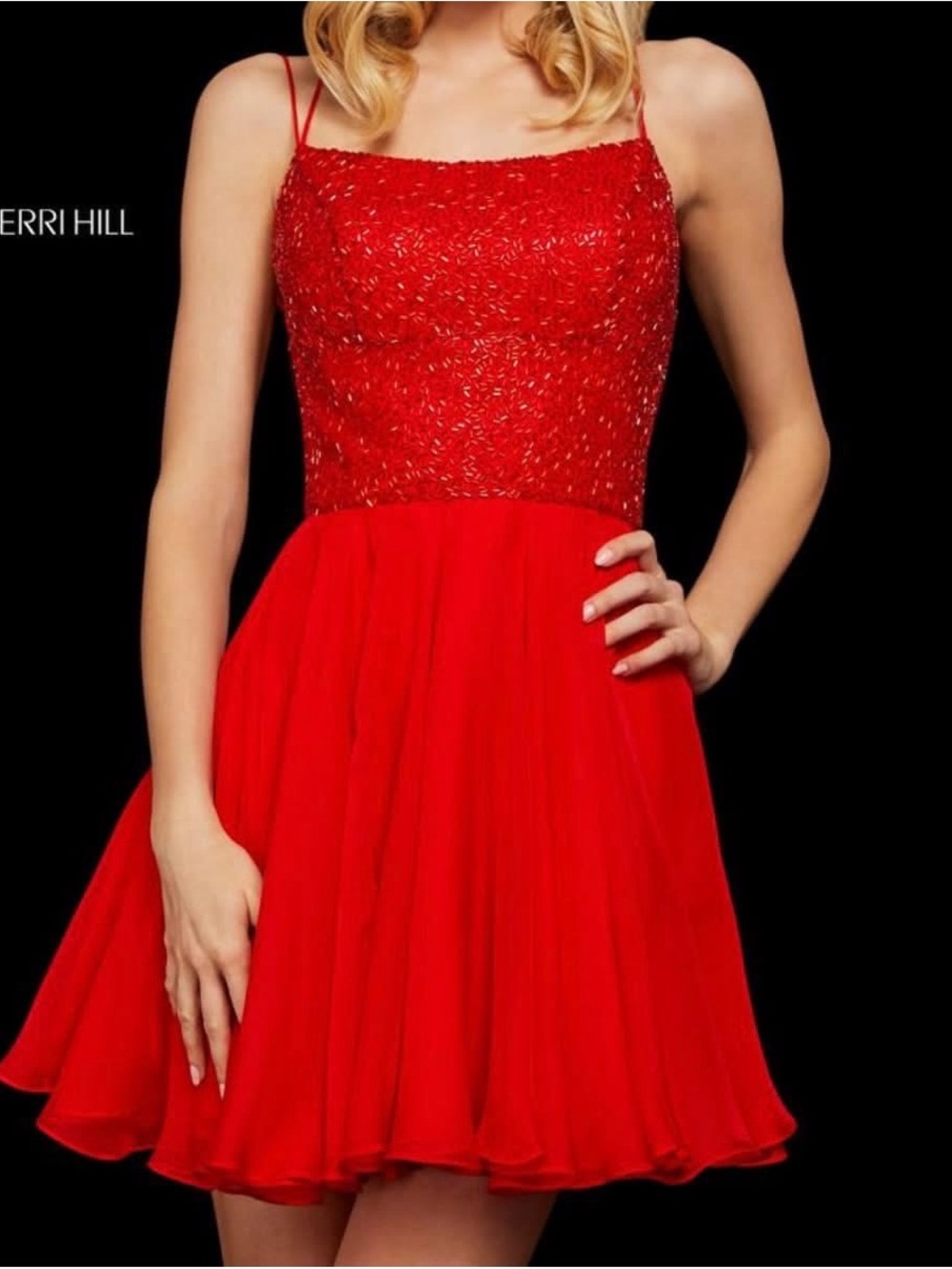 Sherri Hill Red Beaded Spaghetti-Strap Fit-and-Flare Mini Dress
